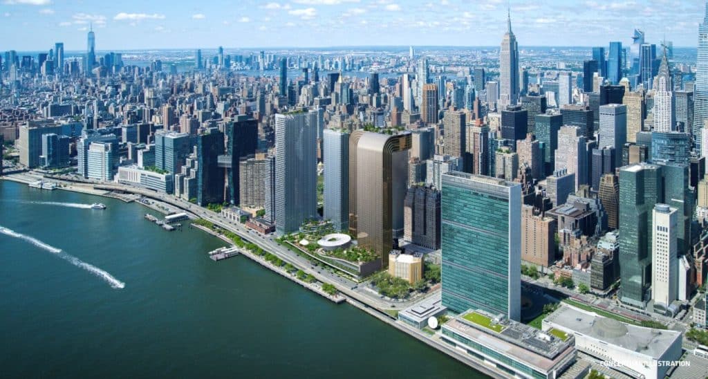 Aerial view of NYC skyline featuring modern skyscrapers, waterfront, and green spaces with iconic buildings in the background.