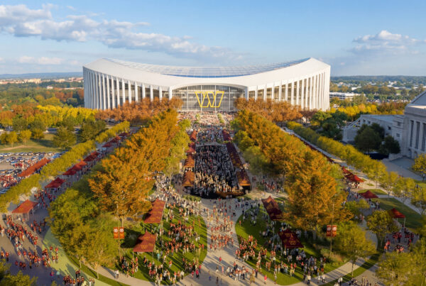 Aerial rendering of the Washington Commanders stadium festival plaza, with allées of shade trees framing a central gathering space and tailgate area.