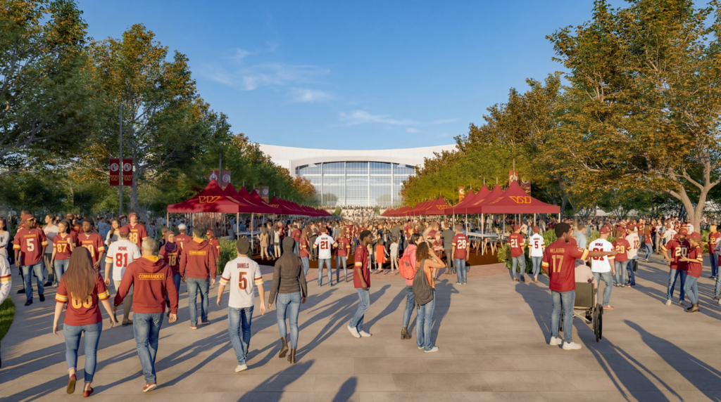 Washington Commanders Stadium - Festival Plaza 01_courtesy OJB Fans moving through the Washington Commanders stadium festival plaza on game day, beneath shade trees connecting tailgate areas to the main entry.