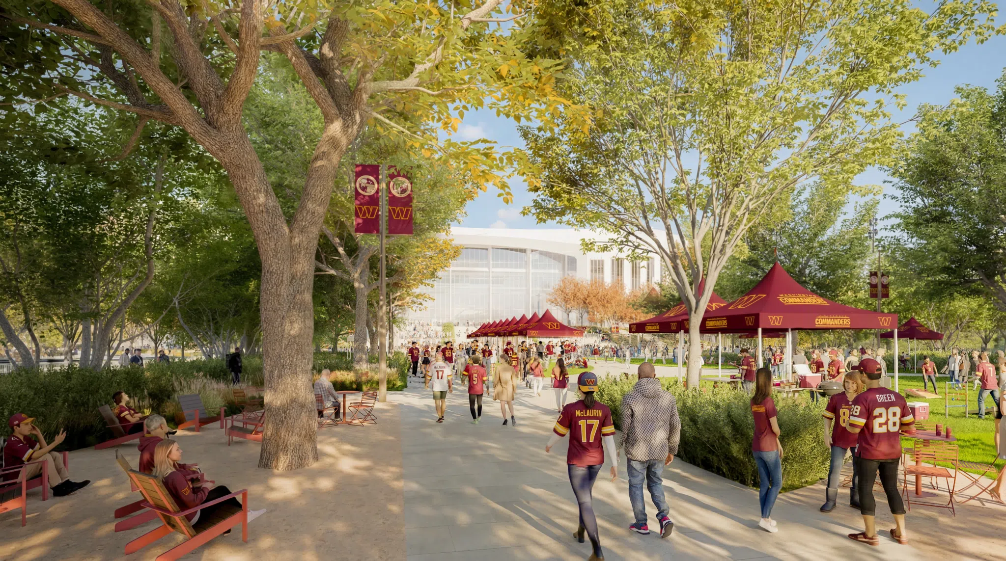 Washington Commanders stadium festival plaza activated with shaded seating, lawn games, and casual gathering — landscape designed to perform beyond game day.