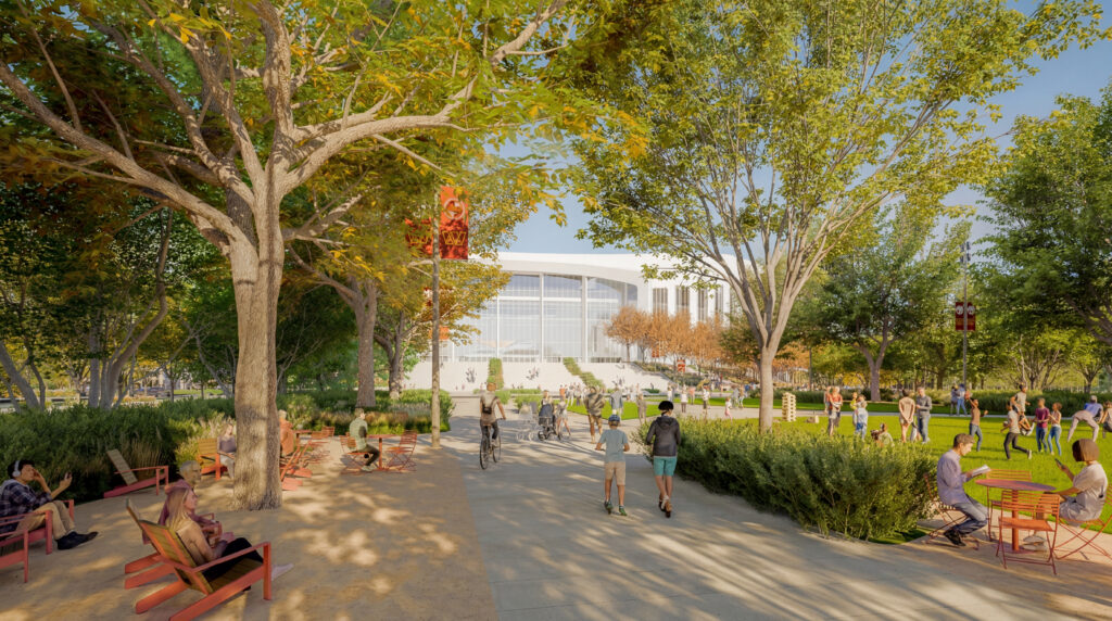 Washington Commanders Staidum - Festival Plaza Non Game Day_courtesy OJB Washington Commanders stadium grounds on a non-game day, with families, cyclists, and casual users in the surrounding public realm landscape.