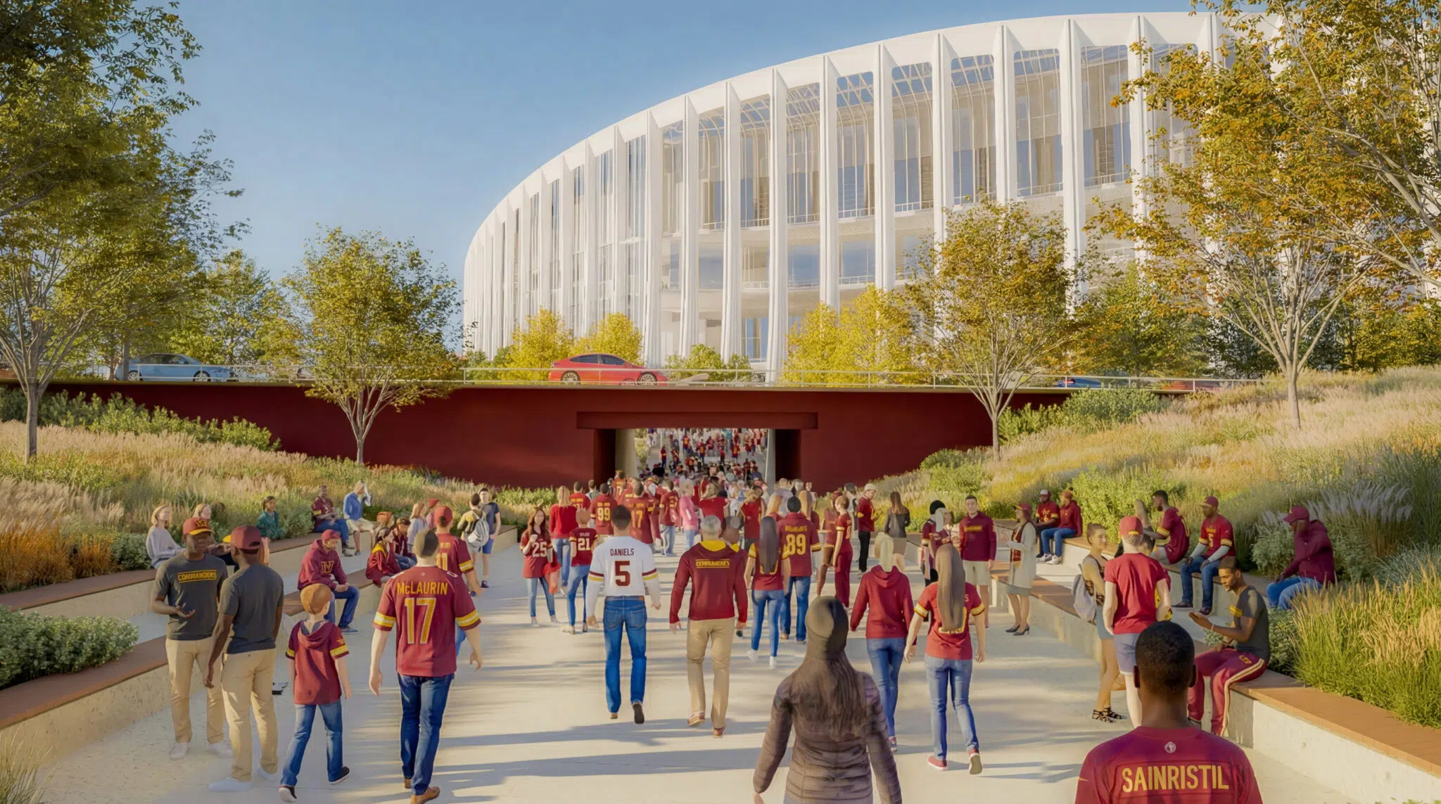 South entry to the Washington Commanders stadium, where a planted underpass and integrated seating walls move fans through the landscape toward the building.