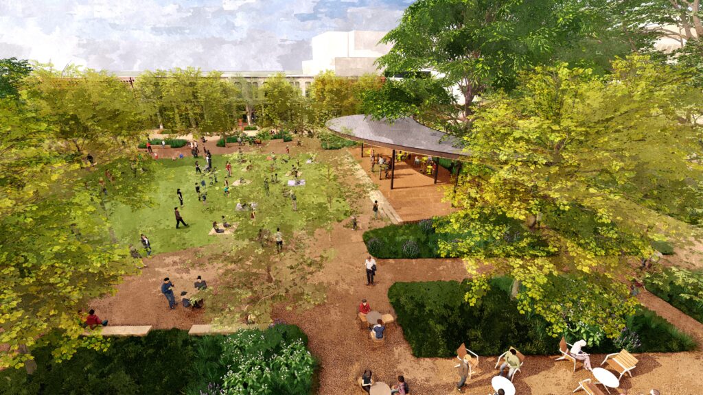 Plaza de Valero Canopy Structure and Lawn Aerial_The Alamo MP_OJB