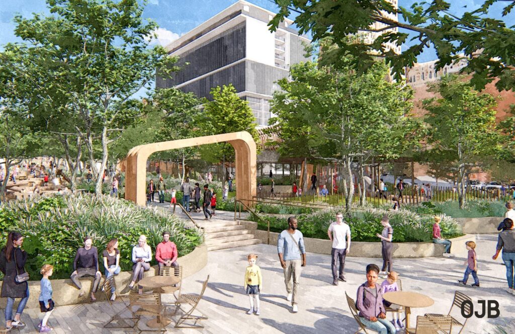 KC-SLL PLAYGROUND ENTRY Urban park scene with people enjoying a sunny day, surrounded by green trees and modern architecture in the background.
