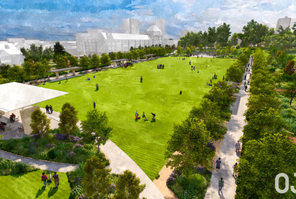 Lush green park with people picnicking and walking, surrounded by trees and pathways, under a clear blue sky.